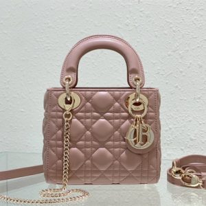 CD Mini Lady Di.or Bag Cannage Lambskin Gold Tone Metal Dusty Pink