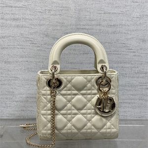 CD Mini Lady Di.or Bag Cannage Grained Calfskin Gold Tone Metal Cream