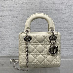 CD Mini Lady Di.or Bag Cannage Grained Calfskin Silver Tone Metal Cream