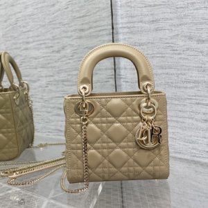 CD Mini Lady Di.or Bag Cannage Grained Calfskin Gold Tone Metal Beige