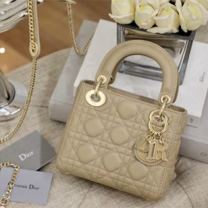 CD Mini Lady Di.or Bag Cannage Lambskin Enamel Charms Gold Tone Metal Beige
