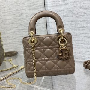 CD Mini Lady Di.or Bag Cannage Lambskin Enamel Charms Gold Tone Metal Warm Taupe