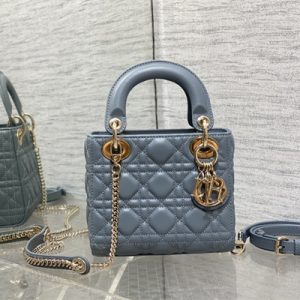 CD Mini Lady Di.or Bag Cannage Lambskin Gold Tone Metal Cloud Blue