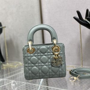 CD Mini Lady Di.or Bag Cannage Lambskin Enamel Charms Gold Tone Metal Stone Gray