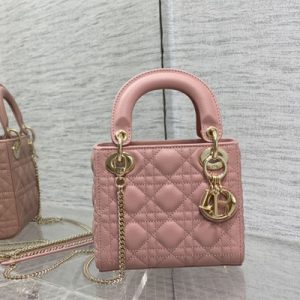 CD Mini Lady Di.or Bag Cannage Grained Calfskin Gold Tone Metal Pink