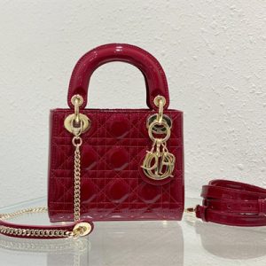 CD Mini Lady Di.or Bag Patent Cannage Calfskin Gold Tone Metal Cherry Red