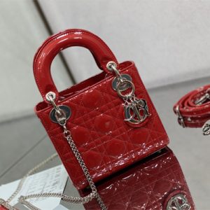 CD Mini Lady Di.or Bag Patent Cannage Calfskin Silver Tone Metal Cherry Red
