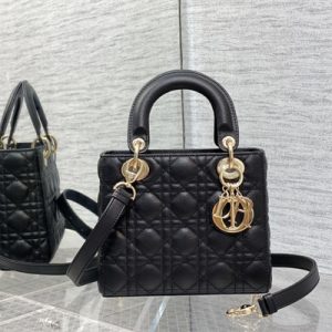 CD Small Lady Di.or Bag Cannage Grained Calfskin Gold Tone Metal Black