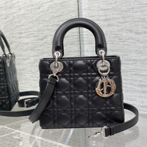 CD Small Lady Di.or Bag Cannage Grained Calfskin Silver Tone Metal Black