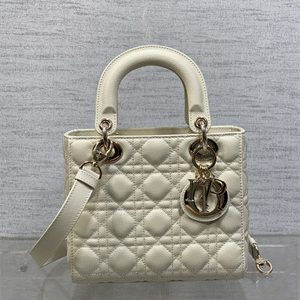CD Small Lady Di.or Bag Cannage Grained Calfskin Gold Tone Metal  Cream