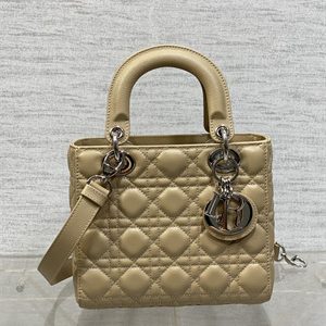 CD Small Lady Di.or Bag Cannage Grained Calfskin Silver Tone Metal Beige