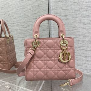 CD Small Lady Di.or Bag Cannage Grained Calfskin Gold Tone Metal Pink