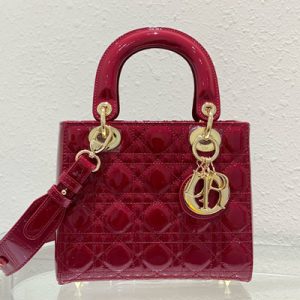 CD Small Lady Di.or My ABCDior Bag Patent Cannage Calfskin Gold Tone Metal Cherry Red