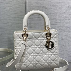 CD Medium Lady Di.or Bag Cannage Lambskin Gold Tone Metal White