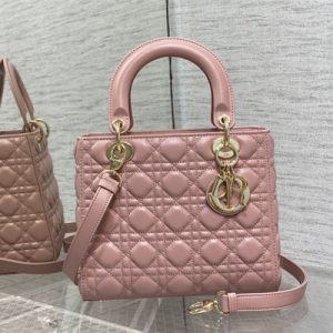 CD Medium Lady Di.or Bag Cannage Lambskin Gold Tone Metal Antique Pink