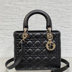 CD Medium Lady Di.or Bag Cannage Grained Calfskin Gold Tone Metal Black