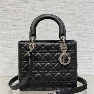 CD Medium Lady Di.or Bag Cannage Grained Calfskin Silver Tone Metal Black