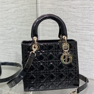 CD Medium Lady Di.or Bag Patent Cannage Calfskin Gold Tone Metal Black
