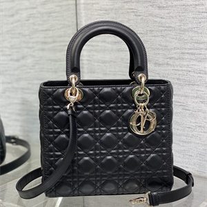 CD Medium Lady Di.or Bag Cannage Lambskin Gold Tone Metal Black
