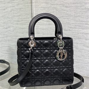 CD Medium Lady Di.or Bag Cannage Lambskin Silver Tone Metal Black