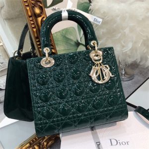 CD Medium Lady Di.or Bag Patent Cannage Calfskin Gold Tone Metal Dk Green