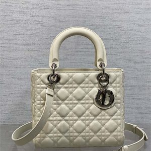 CD Medium Lady Di.or Bag Cannage Grained Calfskin Silver Tone Metal Cream