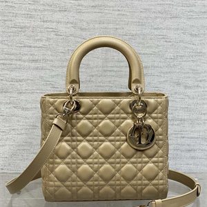 CD Medium Lady Di.or Bag Cannage Grained Calfskin Gold Tone Metal Beige
