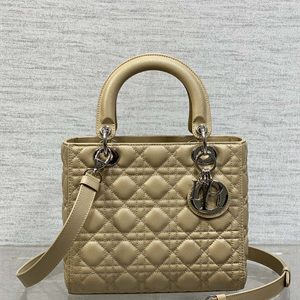 CD Medium Lady Di.or Bag Cannage Grained Calfskin Silver Tone Metal Beige