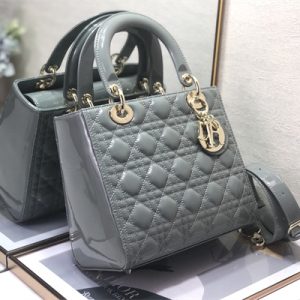 CD Medium Lady Di.or Bag Patent Cannage Calfskin Gold Tone Metal Stone Grey