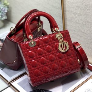 CD Medium Lady Di.or Bag Patent Cannage Calfskin Gold Tone Metal Cherry Red