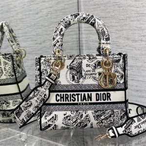 CD Medium Lady Di.or D-Lite Bag Plan de Paris Embroidery White and Black