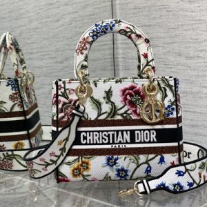 CD Medium Lady Di.or D-Lite Bag Petites Fleurs Embroidery White
