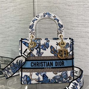 CD Medium Lady Di.or D-Lite Bag Toile de Jouy Mexico Embroidery White And Pastel Midnight Blue