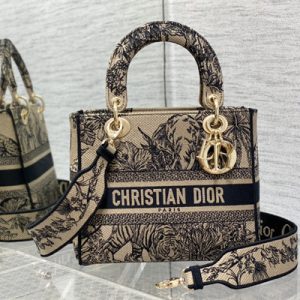 CD Medium Lady Di.or D-Lite Bag Toile de Jouy Voyage Embroidery Beige and Black