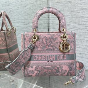 CD Medium Lady Di.or D-Lite Bag Toile de Jouy Embroidery Pink And Grey