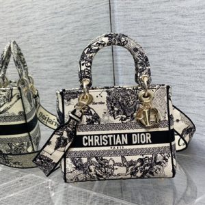 CD Medium Lady Di.or D-Lite Bag Toile de Jouy Zodiac Embroidery Latte And Black