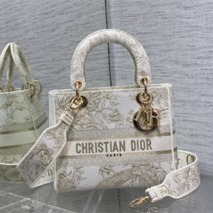 CD Medium Lady Di.or D-Lite Bag Jardin d'Hiver Embroidery Gold Tone and White