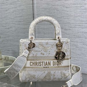 CD Medium Lady Di.or D-Lite Bag Butterfly Zodiac Embroidery Gold Tone and White