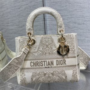 CD Medium Lady Di.or D-Lite Bag Around The World Stella Embroidery Gold Tone and White