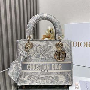 CD Medium Lady Di.or D-Lite Bag Toile de Jouy Embroidery White and Grey
