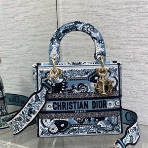 CD Medium Lady Di.or D-Lite Bag Butterfly Bandana Embroidery Denim Blue Multicolor