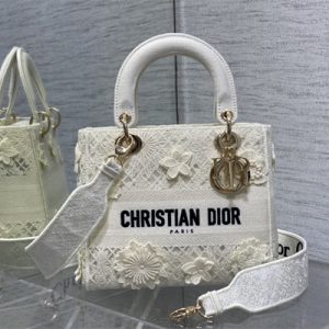 CD Medium Lady Di.or D-Lite Bag White D-Lace Embroidery With 3D Macrame Eeffect