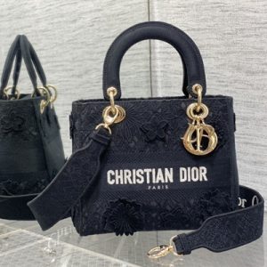 CD Medium Lady Di.or D-Lite Bag Black D-Lace Embroidery With 3D Macrame Eeffect