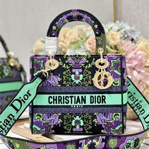 CD Medium Lady Di.or D-Lite Bag Toile de Jouy Embroidery Purple Multicolor