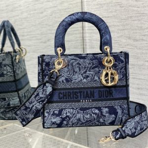 CD Medium Lady Di.or D-Lite Bag Toile de Jouy Embroidery Denim Blue