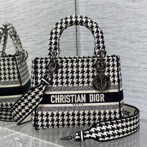 CD Medium Lady Di.or D-Lite Bag Black And Whtie Houndstooth Embroidery