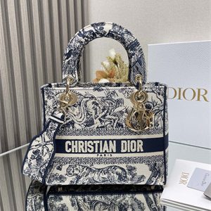 CD Medium Lady Di.or D-Lite Bag Toile de Jouy Embroidery White and Blue