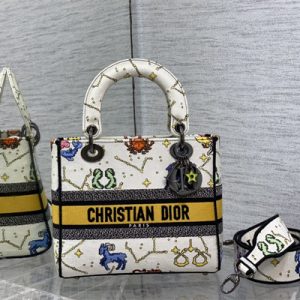 CD Medium Lady Di.or D-Lite Bag Toile de Jouy Zodiac Embroidery White Multicolor