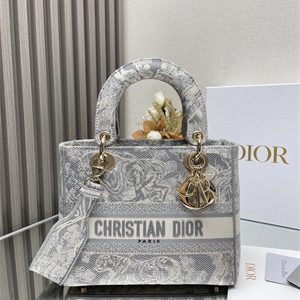 CD Medium Lady Di.or D-Lite Bag Toile de Jouy Embroidery Grey and White