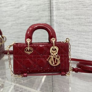 CD Lady D-Joy Micro Bag Patent Cannage Calfskin Gold Tone Metal Cherry Red